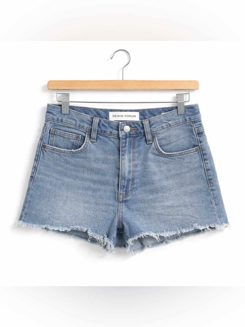 DENIM FORUM Arlo 50s High Rise Denim Shorts Frayed Blue Size 27